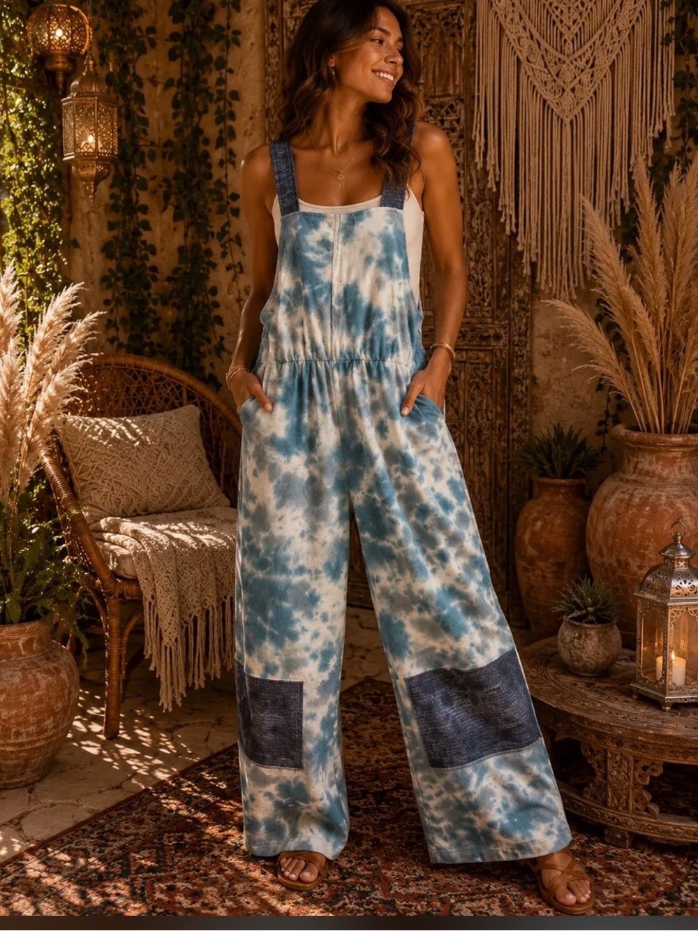 Yak & Yeti tie -Dye Patchwork Maxi Overalls in Teal and Navy
